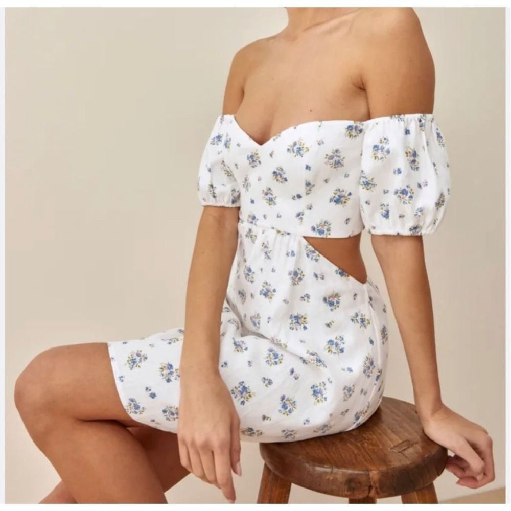 Reformation Emilia Linen Dress in Blaire White Floral Print Cut Out Women’s Sz 8
